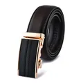 Close-up of dark brown leather belt with gold and black automatic buckle for men - 110 / Style 204 Gold Buckle Brown