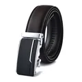 Detail of genuine leather belt showing automatic buckle and textured dark leather band - 193 Brown