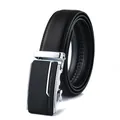 Detail of men's leather belt featuring black litchi texture and silver automatic buckle - 193 Black