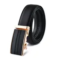 Detail of men's leather belt featuring a gold automatic buckle with geometric patterns - 110 / Style 204 Gold Buckle Black