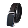 Macro detail of men's leather belt featuring a gunmetal automatic buckle with blue accents - 110cm / Blue Buckle Brown
