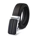 Detail of men's brown leather belt with silver and black automatic metal buckle - Style 192 Brown