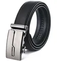 Men's black leather business belt with brushed silver automatic buckle and stitched edges - 110 / 039 Black Style (5753852643087)
