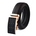 Detail of premium leather belt with textured surface and gold-accented automatic buckle - 110 / Gold Buckle Brown