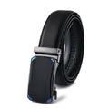Men's black leather belt with gunmetal automatic buckle and blue accent lines - 110cm / Blue Automatic Buckle Style (201蓝扣) / Black