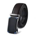 Men's dark brown split leather belt with a gunmetal alloy automatic buckle and blue trim - 110cm / Blue Automatic Buckle Style (201蓝扣) / Brown