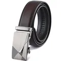 Ceinture business pour homme à boucle automatique en cuir marron foncé et métal brossé - 120cm / Marron