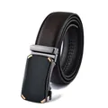Men's dark brown leather belt with matte black automatic buckle and gold trim - 110cm / Gold Automatic Buckle Style (201金扣) / Brown