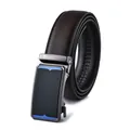Men's dark brown leather belt with automatic gunmetal buckle and blue accents - 110cm / 202 Blue Buckle Brown