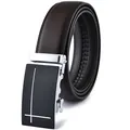 Men's dark brown leather belt with automatic silver and matte black alloy buckle - 120cm / Silver Buckle Style (048) / Brown