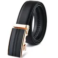 Ceinture homme en cuir noir avec boucle automatique or rose et texture à motif de grille - 110cm / Boucle Dorée Noir (204)