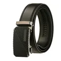 Men's black genuine leather belt with metallic automatic buckle and diagonal texture - 110cm / Black