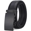 Men's black leather belt with automatic matte buckle and lychee texture on white background - 110cm / Black