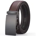 Men's dark brown leather belt with black matte automatic buckle in a side 45-degree view - 110cm / 066 Brown