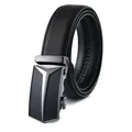 Men's black leather belt with gunmetal automatic buckle and geometric shield design - 110 / 188 Black