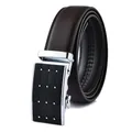 Dark brown leather belt for men featuring silver automatic buckle with nine rivet accents - 110 / Silver Buckle Brown