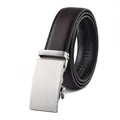 Men's dark brown leather belt with silver automatic metal buckle and sleek stitching - 191 Brown