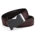 Close-up of brown litchi pattern leather belt with textured metal automatic buckle - 110cm / Brown
