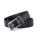Detailed close-up of a men's black leather belt with fine stitching and a textured metal buckle - 110cm / Gunmetal Buckle Black