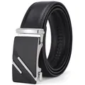 Premium black leather belt for men with a modern textured zinc alloy automatic buckle - 110cm / Silver Buckle Black