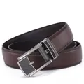 Detail of dark brown leather belt featuring litchi grain and brushed metal automatic buckle - 110cm / Gunmetal Buckle Brown