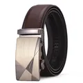 Men's dark brown leather belt with a brushed metal automatic buckle on a white background - 110 / Y-036 Brown Style (5753852643081)
