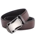 Men's brown leather belt with dark grey automatic buckle and sleek lychee pattern texture - Brown / 110cm