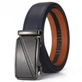 Detail of blue carbon fiber texture leather belt with brushed gunmetal automatic buckle - 110 / Blue