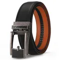 Men's automatic click belt with black carbon fiber texture and orange leather lining - 120cm / Black with Gunmetal Buckle