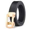 Men's leather automatic buckle belt with black textured strap and gold metal slide buckle - 120cm / Gold
