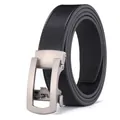 Men's black leather belt with a brushed silver automatic metal buckle on white background - 120cm / Silver
