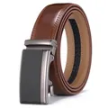 Classic brown leather belt for men with matte black automatic buckle and double stitching - S / Brown Matte Style (R077-95 Brown)