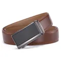 Brown leather men's belt with a sleek grey metal automatic buckle and textured inlay - 110cm / Brown
