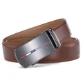 Detail of cognac brown leather belt with matte gunmetal automatic buckle and stripes - 110cm / Brown (076-95)