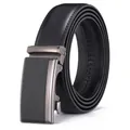 Men's premium black leather belt with matte gunmetal automatic buckle on white background - 95 Pattern Double Sided Black (077) / 110