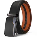 Ceinture business homme en cuir noir, doublure orange et boucle automatique gris anthracite - Noir / 110