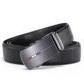 Premium black leather belt for men with a matte grey automatic buckle featuring stripes - 110cm / Black (076-95)