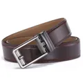 Detailed view of dark brown leather belt with gunmetal automatic buckle for men - Pattern 95 Coffee