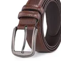 Detailed macro view of brown textured leather belt with gunmetal needle buckle and stitching - Coffee