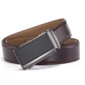 Detailed macro view of high-quality dark brown leather belt with gunmetal automatic buckle - 110cm / Coffee