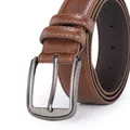 Detail of dark brown leather belt with gunmetal pin buckle and double-stitch edges - 120cm / Brown