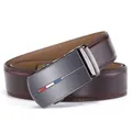 Macro detail of men's brown leather belt with matte metal automatic buckle and stripe - 110cm / Coffee (076-95)