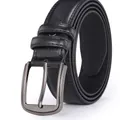 Detail of black leather belt showing metal pin buckle and textured lychee pattern leather - 120cm / Black