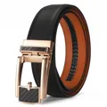 Men's black textured leather belt with rose gold automatic buckle and carbon fiber inlays - 120cm / Black with Gold Buckle