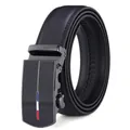 Detail of premium leather belt featuring a sleek black metal automatic buckle with stripes - 110 / Black (14 Pattern)