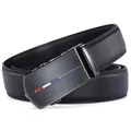 Men's premium black leather belt with automatic buckle and stylish tricolor stripes - 120cm / Black (076-14)