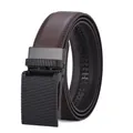 Detail view of brown leather ratchet belt with matte black automatic buckle and grid texture - 110cm / Brown Texture Coffee (068)