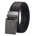 Detail of men's black leather belt with textured gunmetal automatic buckle - 110cm / Dark Gunmetal Black (068)