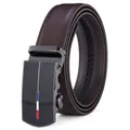 Detail of dark brown leather belt featuring black automatic buckle and tri-color stripe - Brown (14 Pattern)