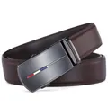 Men's dark brown leather belt with automatic buckle and stylish tricolor decorative stripes - Brown (076-14)